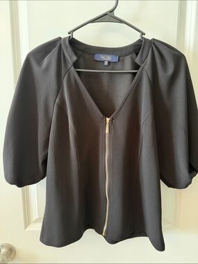 Rachel Black Zip-Front Puff Sleeve Blouse